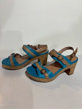 Turquoise & Tan Miz Mooz Cork Wedge Sandals with Adjustable Buckles